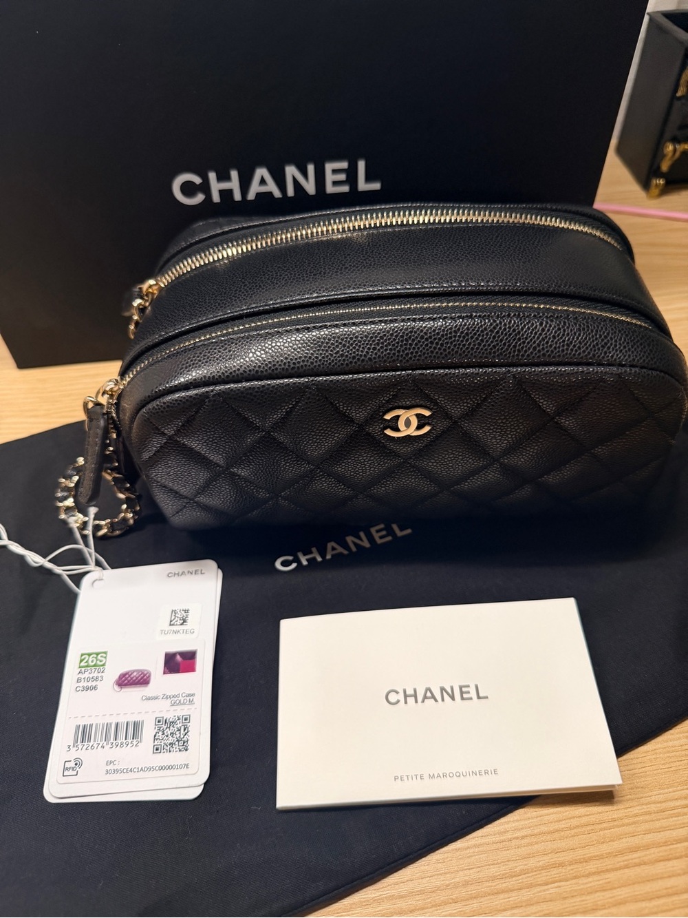 Chanel Black Quilted Caviar Toiletry Case With Chain